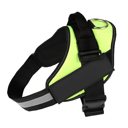 Adjustable reflective dog harness with top handle and metal D-ring for leash attachment