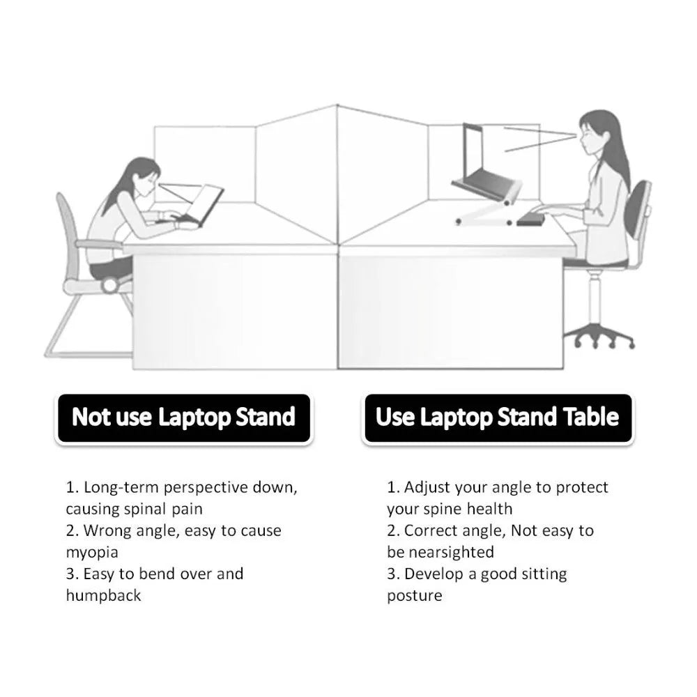 Foldable laptop stand with 360-degree adjustable angle in black, supporting a laptop on a desk