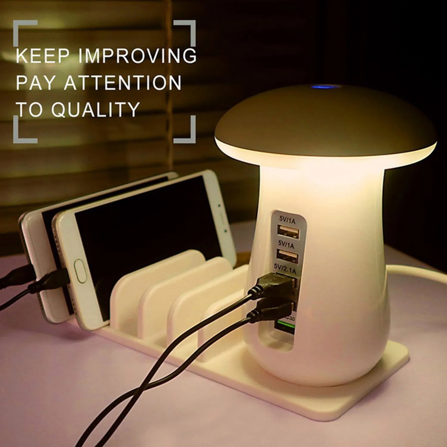 White mushroom-shaped 5-port USB charging dock station with glowing LED night lamp on a desk
