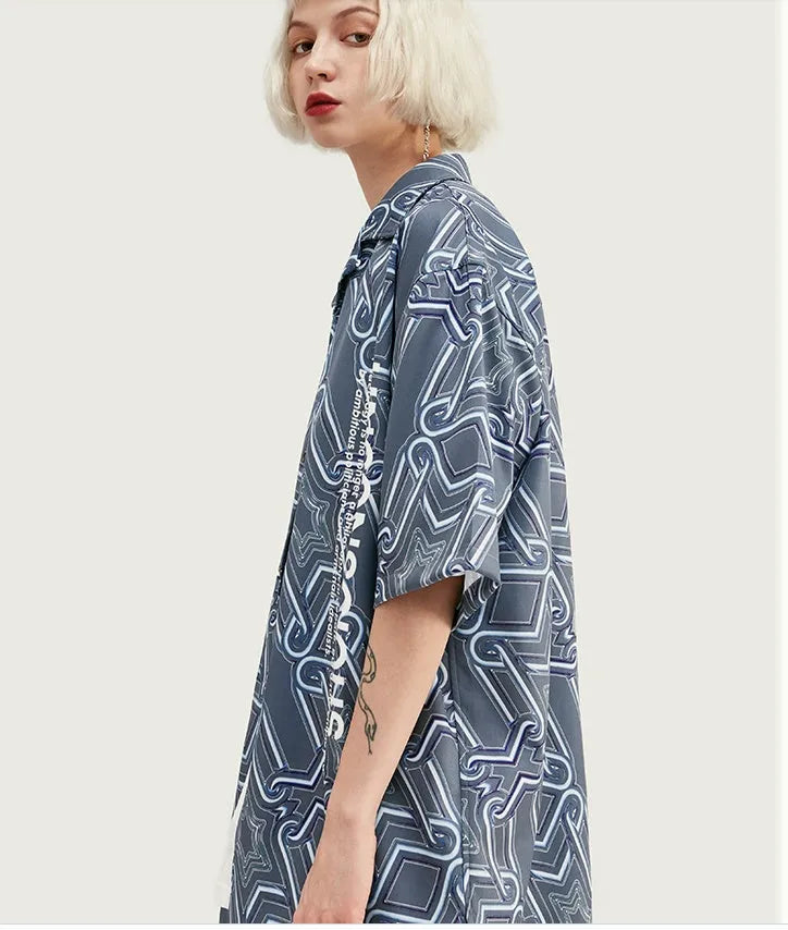 Men's Hawaiian digital print streetwear shirt in photo colour, short sleeves, button front, Asian size L