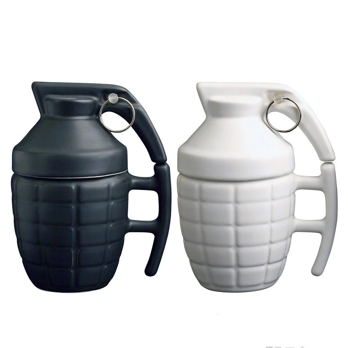 A grenade-shaped ceramic coffee mug with a lid, featuring a military-inspired design for a unique and tactical look.