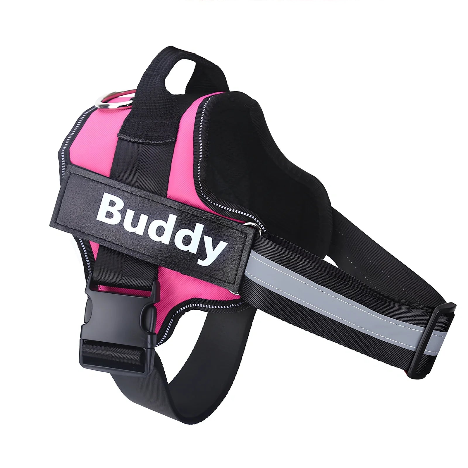 Adjustable nylon no-pull dog harness in black with reflective straps and custom patch, fits bust 25-120cm for small to large breeds