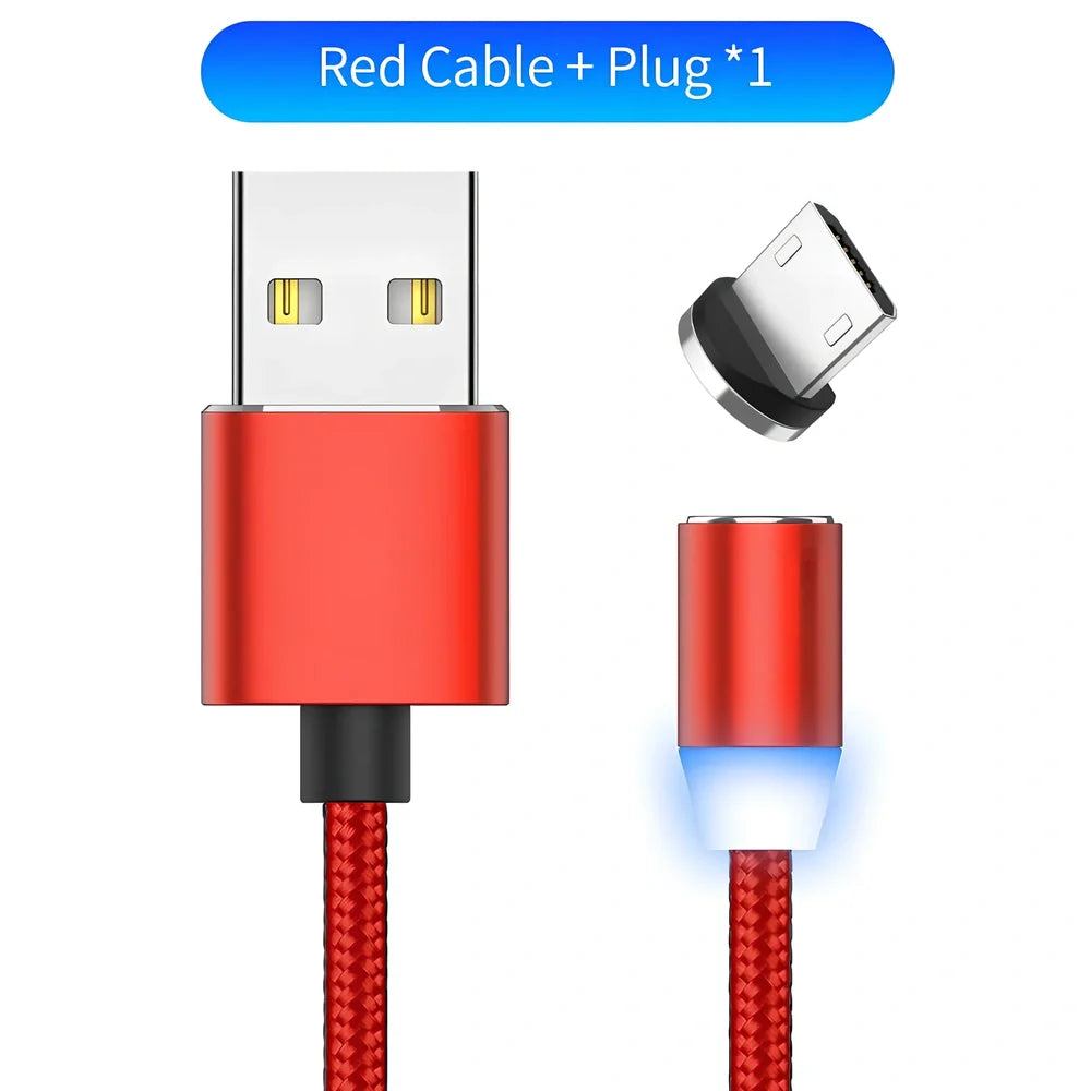 YBD 1m black magnetic LED charging cable with three-in-one plugs for iPhone and Android, showing N52 magnet connection
