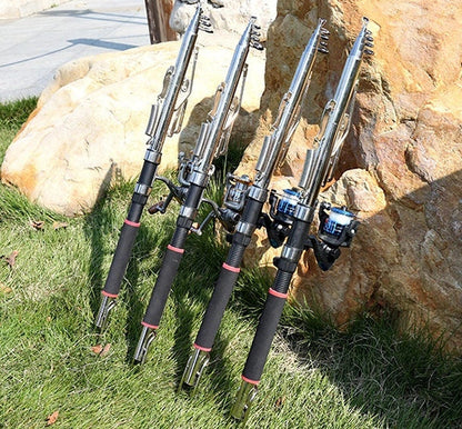 Automatic fishing rod set with spring mechanism in three lengths for instant hook-setting when fish bite bait