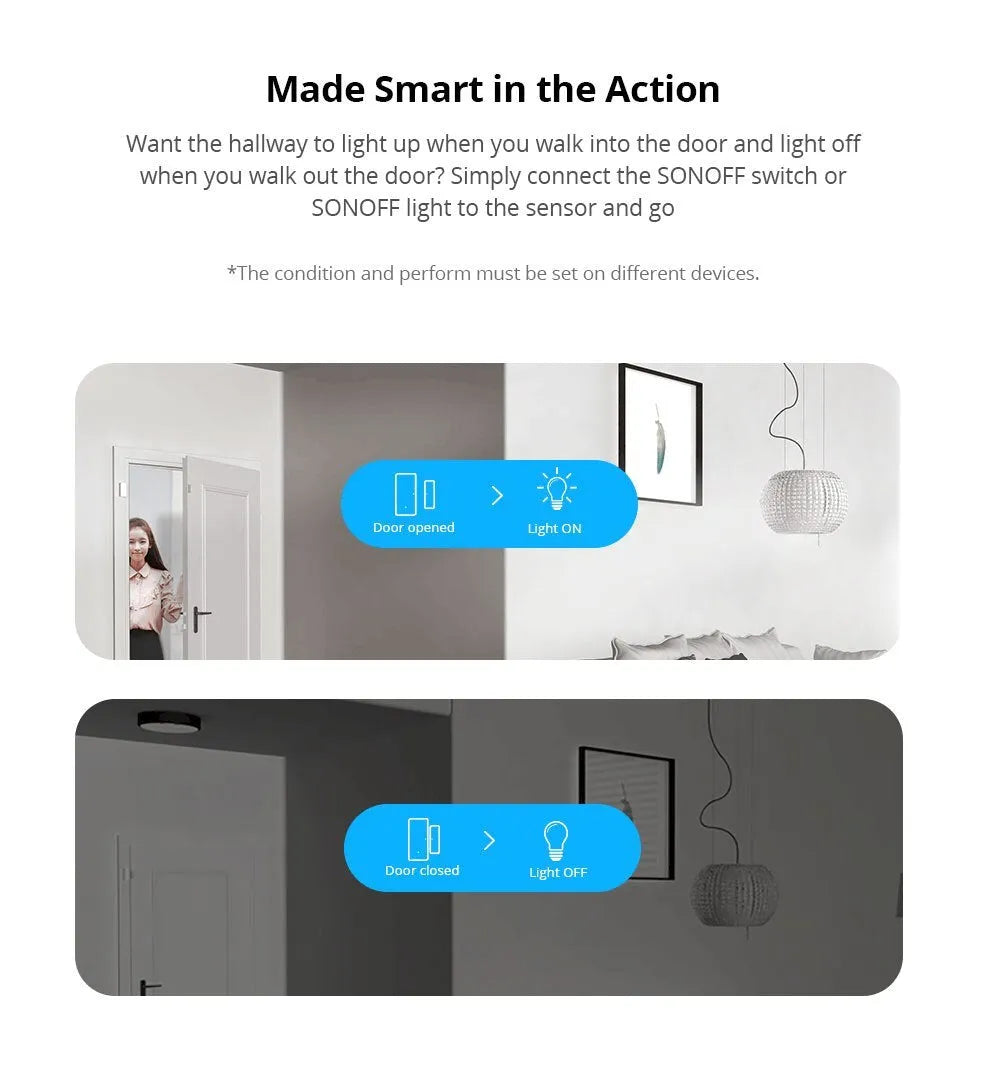 Wireless WiFi door and window sensor with white PC housing and adhesive strip for tool-free installation