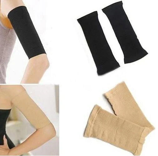 Compression arm shaping sleeves in black and natural colors, designed to slim and sculpt the arms