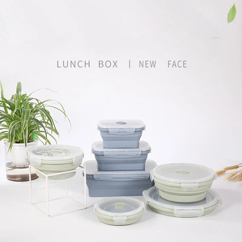 Round silicone lunch box in various colours, microwave-safe and leak-proof