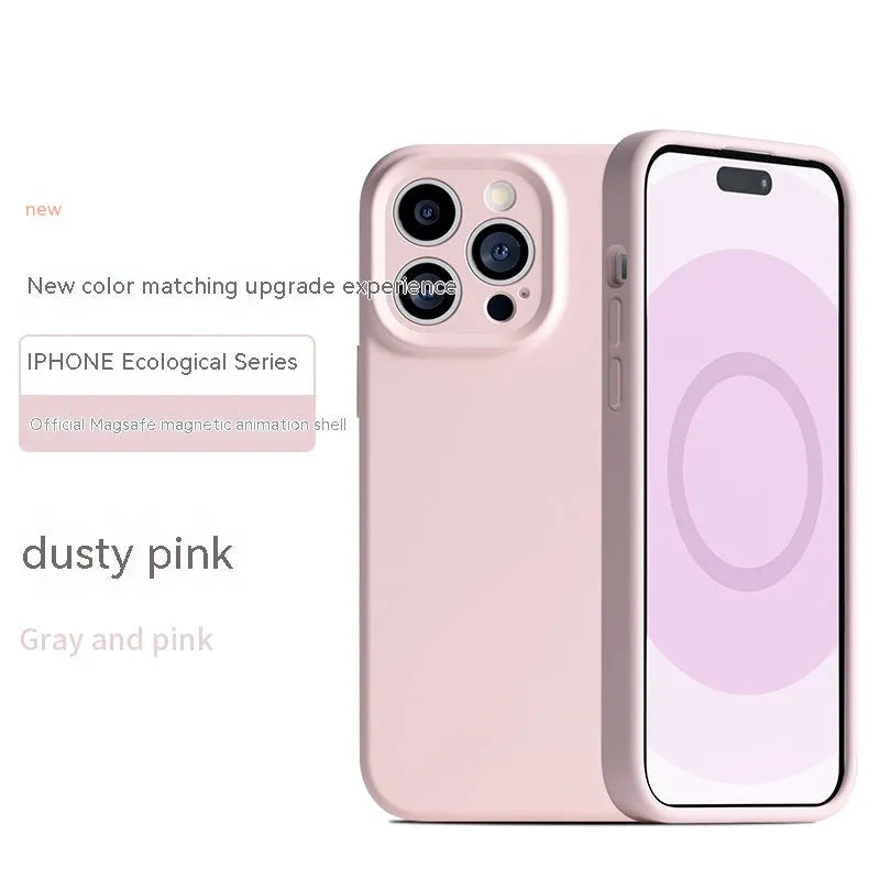 Liquid silicone phone case for iPhone with magnetic suction, solid colour finish, and precise cutouts