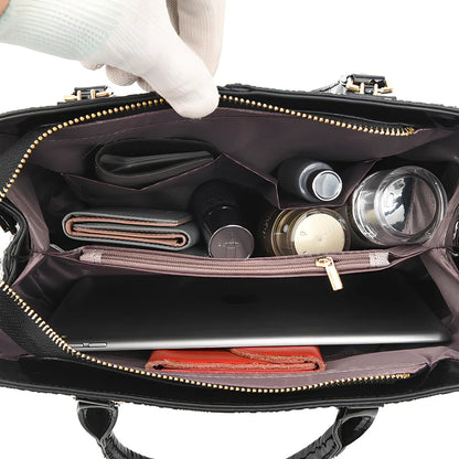 Black horizontal square women's messenger bag in PU with zipper top, single adjustable strap, and car suture edges - 25cm wide shoulder tote