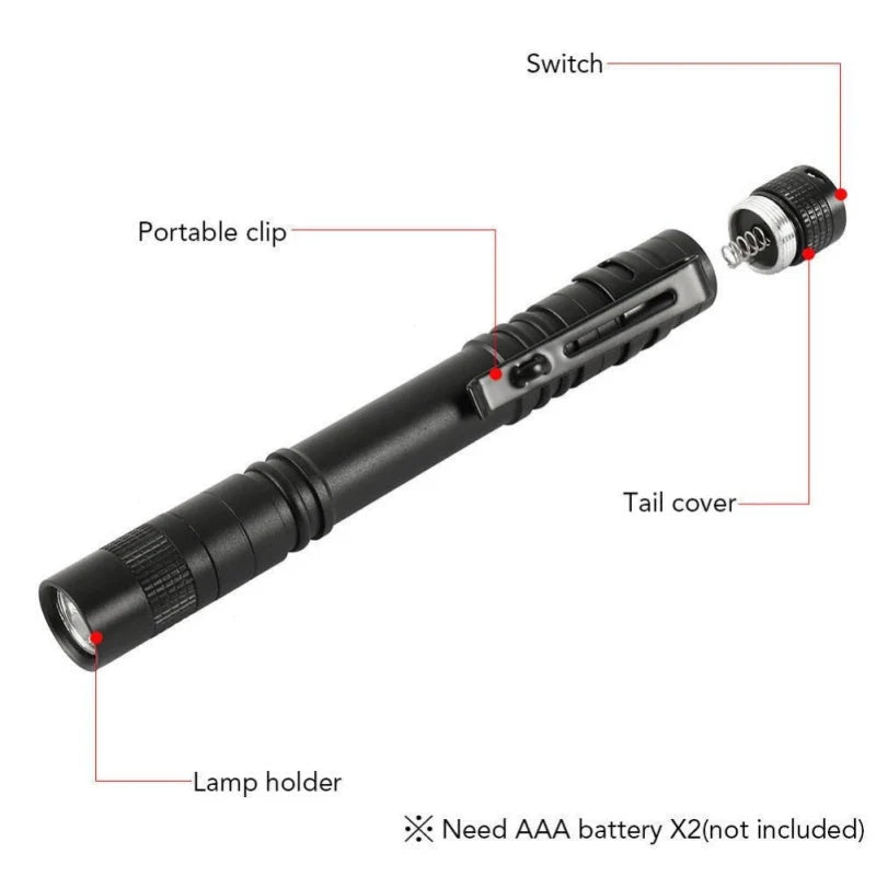 Black aluminum LED flashlight with waterproof features