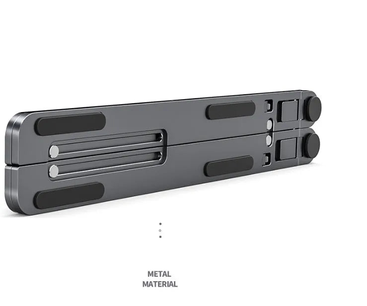 Foldable aluminium laptop stand in silver colour supporting a laptop, shown in open and closed positions.