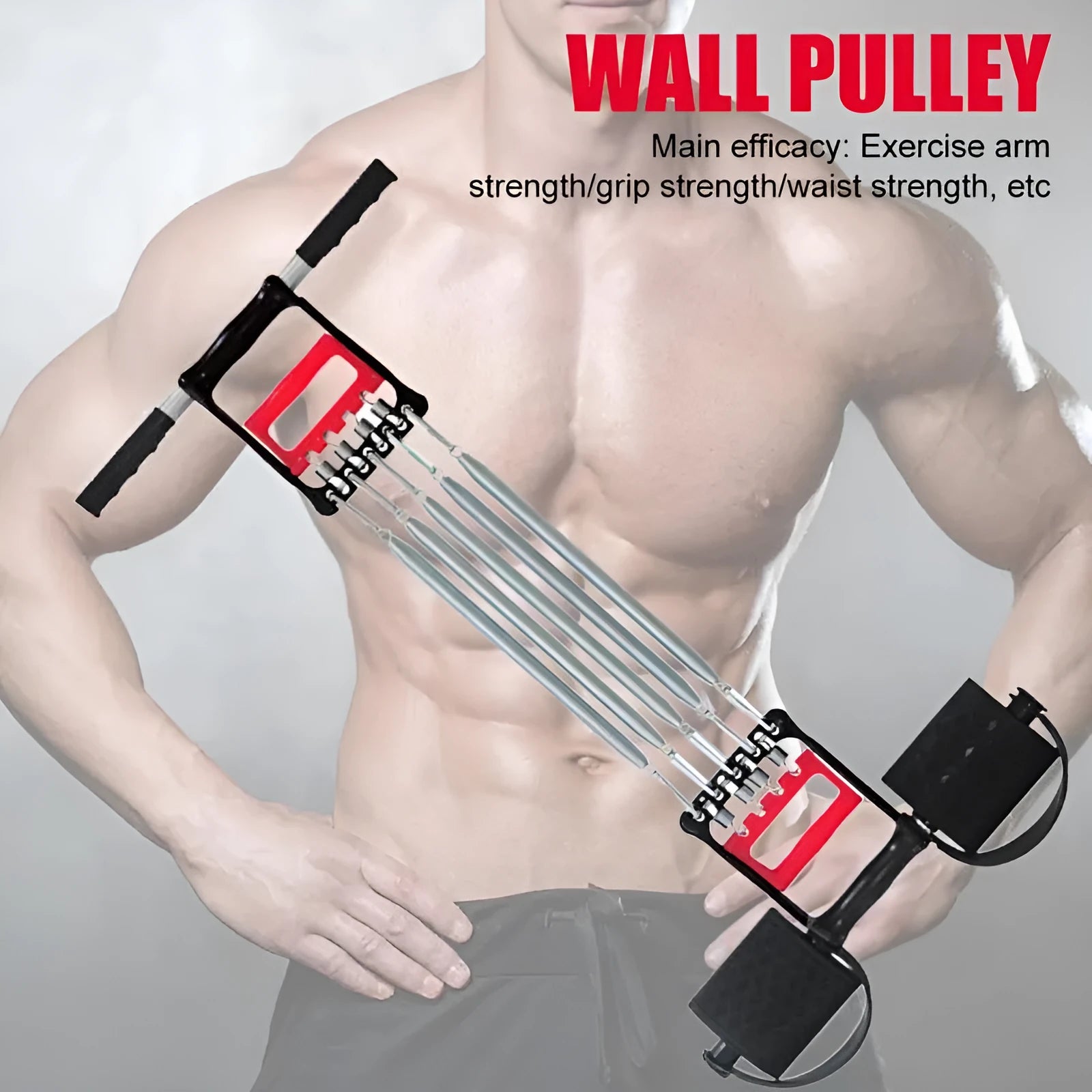 Spring multifunctional tension device with chest expander, arm strength trainer, and grip device in Rally colour, on white background