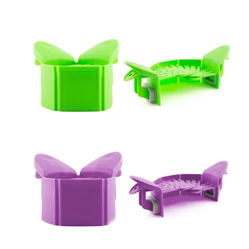 Universal Silicone Clip-on Pan Pot Strainer in purple and green, showcasing its compact design and secure clips
