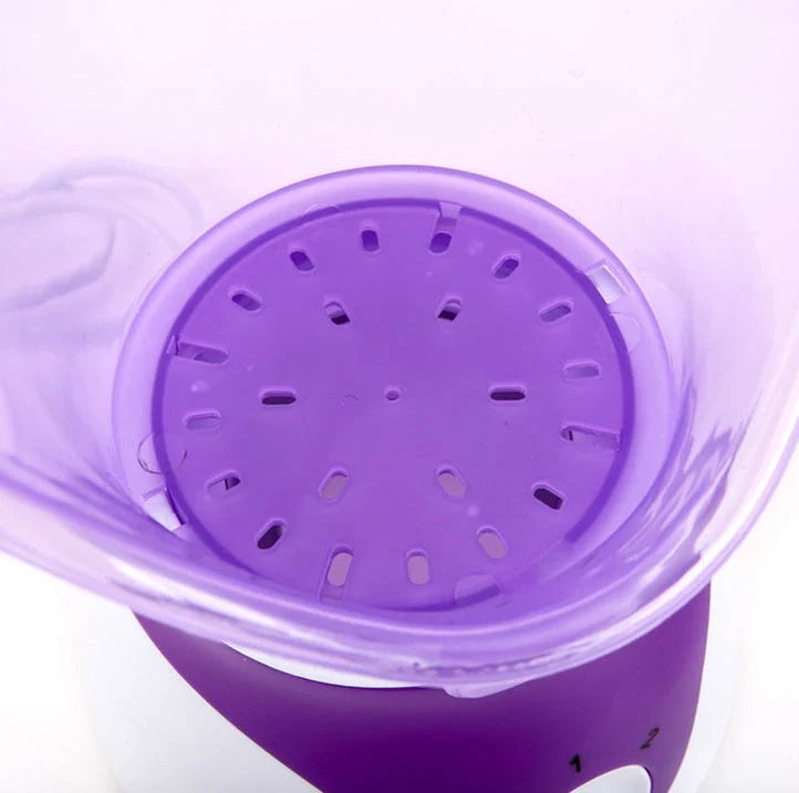 Purple AIDU ion hot spray steamer with mask, nasal mask, and measuring cup for home facial hydration