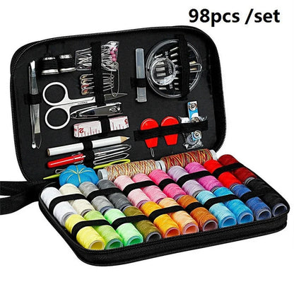 Compact black sewing kit with 98-piece accessory set for home tailoring and creative projects