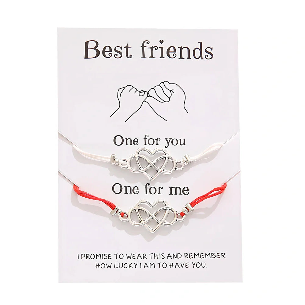 Adjustable heart-shaped alloy friendship bracelet set in black, blue, purple, red colours, 16-26cm length with Korean wax line