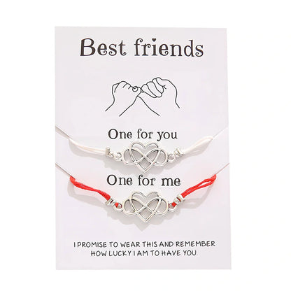 Adjustable heart-shaped alloy friendship bracelet set in black, blue, purple, red colours, 16-26cm length with Korean wax line