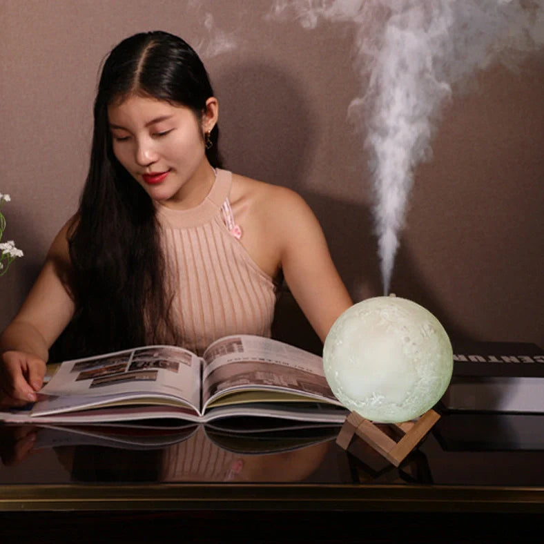 White USB night light humidifier with 880ml tank showing adjustable LED lighting and mist function