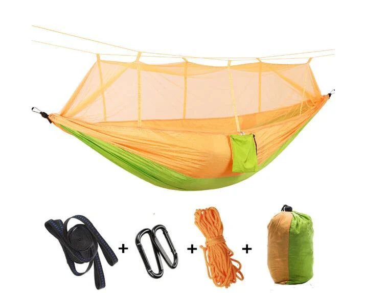 Parachute hammock with mosquito net in various colors and sizes, ideal for outdoor adventures and relaxation
