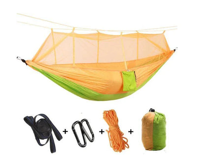Parachute hammock with mosquito net in various colors and sizes, ideal for outdoor adventures and relaxation