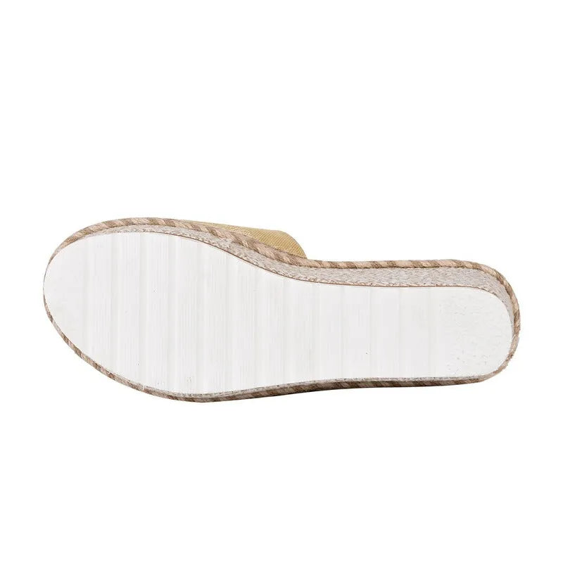 Platform wedge heel sandals with cloth upper in black, side view showing plain pattern and metal element detail