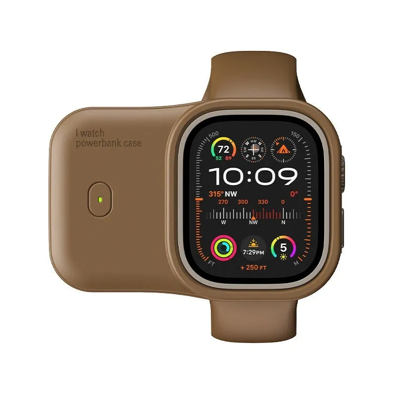 Apple Watch portable wireless charging power bank case with silicone cover in brown, midnight blue, or starlight.