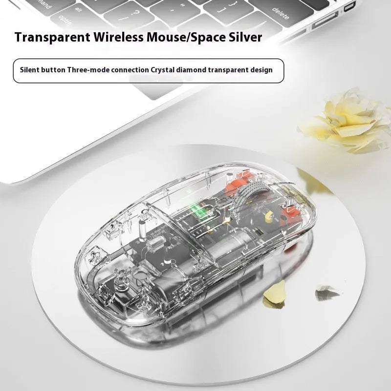 Three-mode self-charging Bluetooth mouse in silver for tablet PC and laptop with compact design
