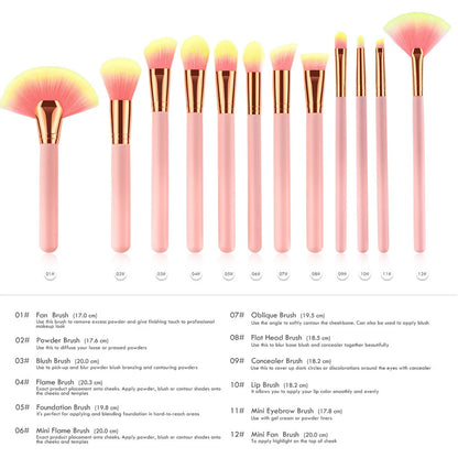 12-piece makeup brush set with pink wooden handles showing 10 different brush types for complete application