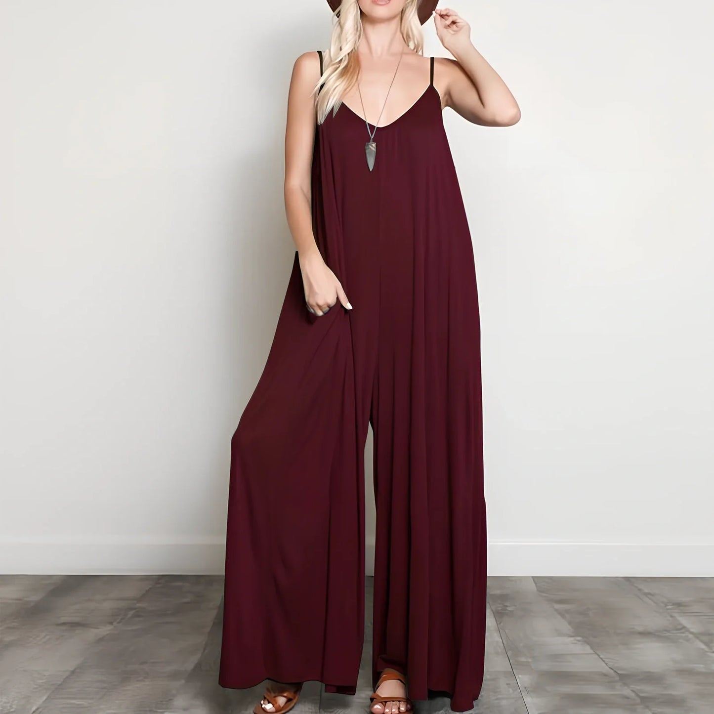 Women's black V-neck long jumpsuit with wide legs, loose fit up to 5XL, 160cm length for summer casual wear