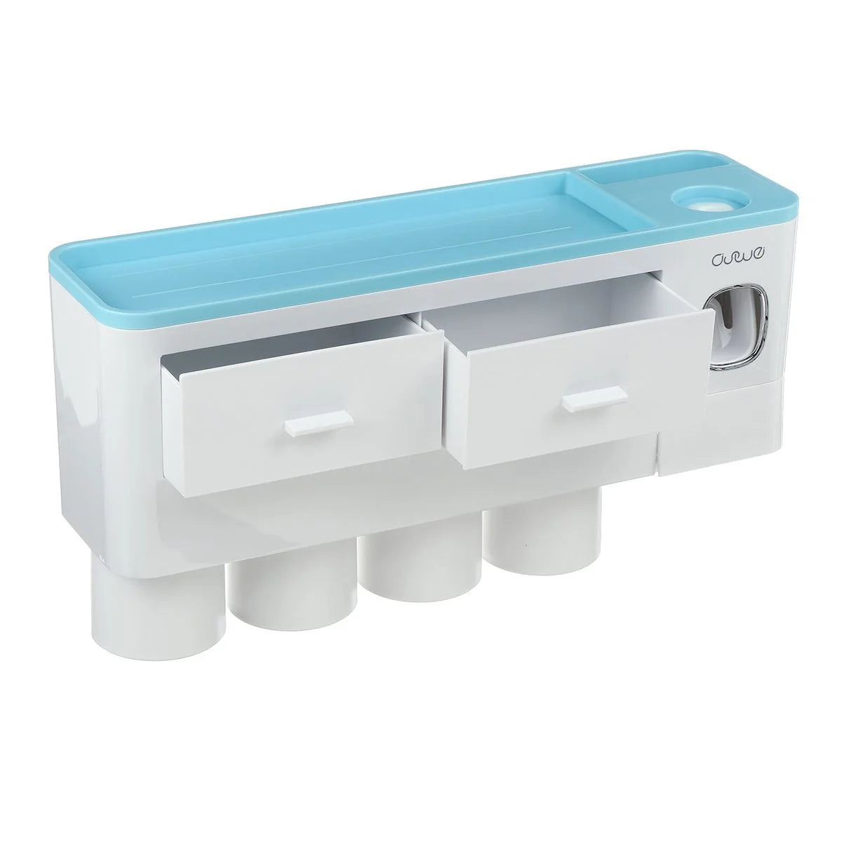 Non-marking hanging magnetic toothbrush holder with toothpaste squeezer in blue and grey