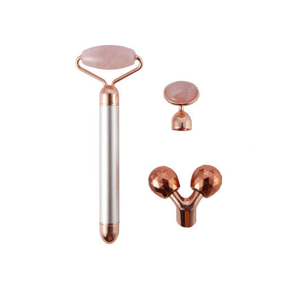 3-in-1 vibrating facial jade roller set with rose quartz stone and 3 replaceable heads