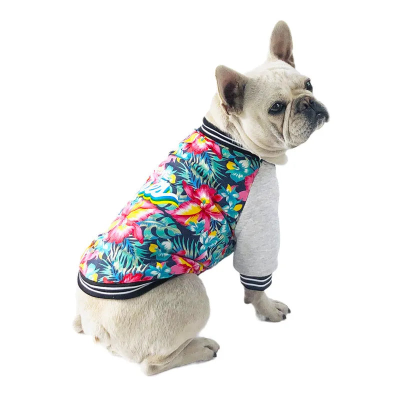 Red stretch printed two-legged dog clothes with cotton outer and fleece lining, shown on a dog