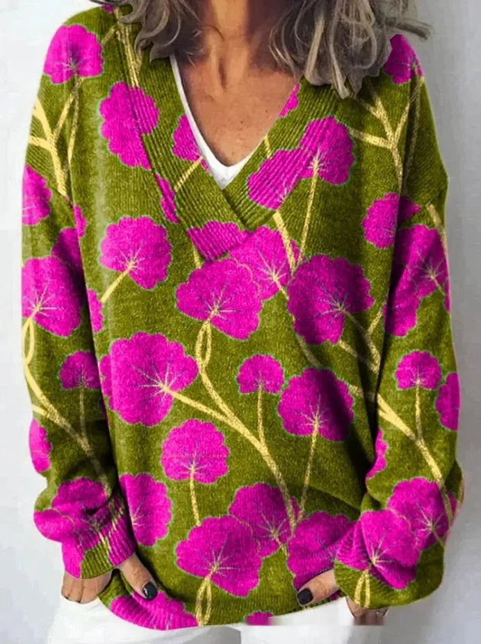 Women's V-neck long sleeve sweatshirt with a detailed 3D floral print in a retro art style.
