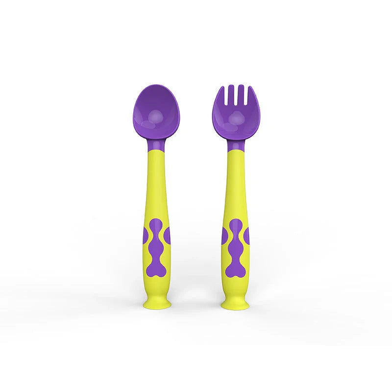 Training Twisting Spoon Fork Set for babies in blue, purple, pink, and yellow