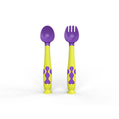 Training Twisting Spoon Fork Set for babies in blue, purple, pink, and yellow