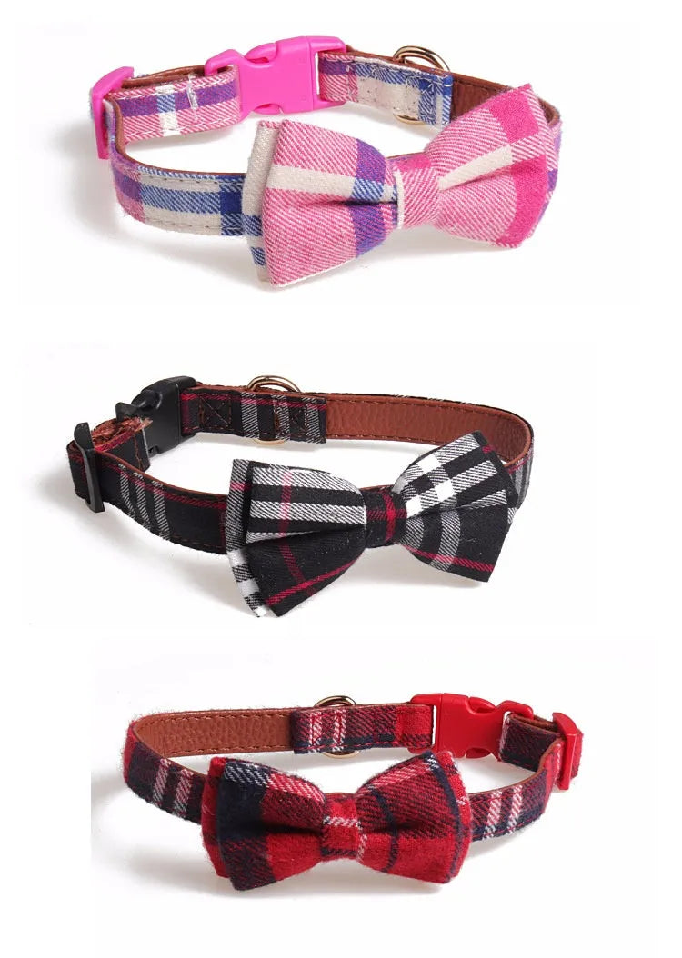 Adjustable bowknot traction collar for dogs made from cotton and PU leather in lattice pattern