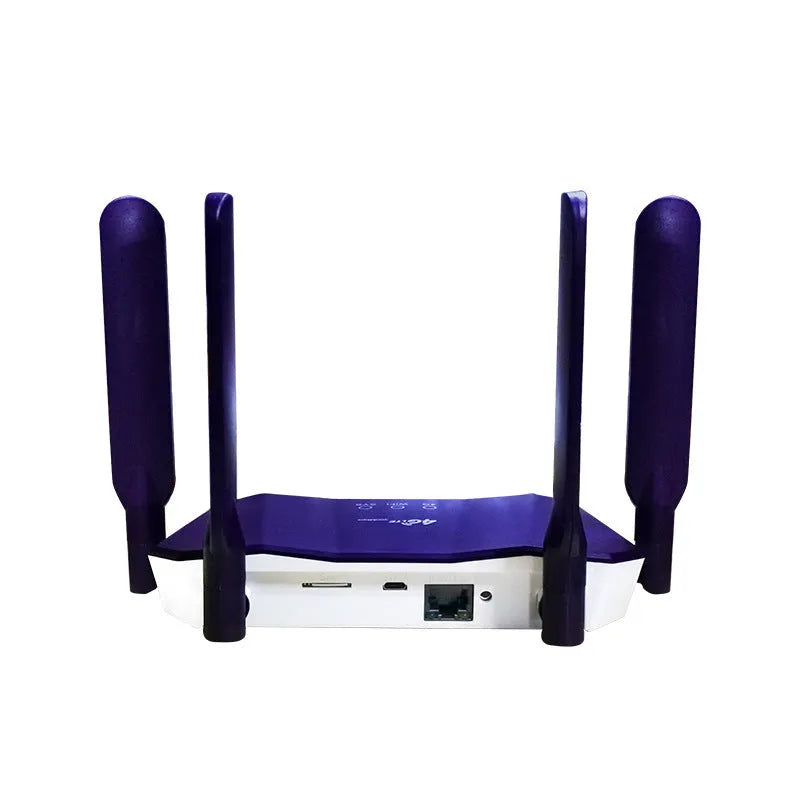 Blue 4G dual-mode wireless router with four extended antennas on a white background.