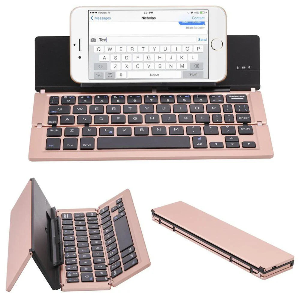Folding ultra-thin Bluetooth keyboard in grey, rose gold, silver, and gold options