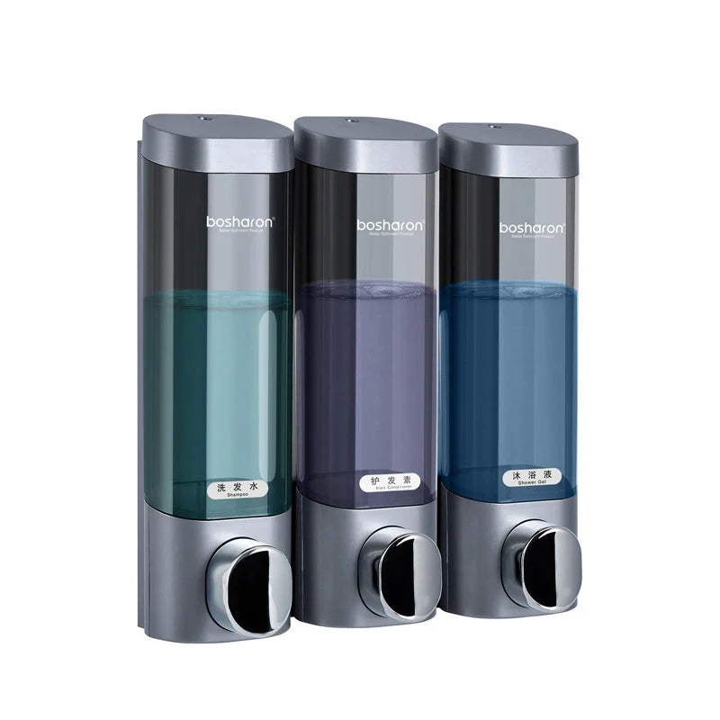 Wall-mounted three-head soap dispenser in white, silver grey, and gold options