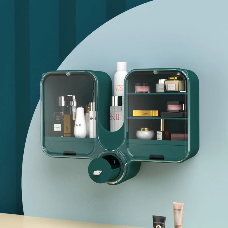 Wall-mounted cosmetic storage box in orange, green, or white with rotating lid and no nails required