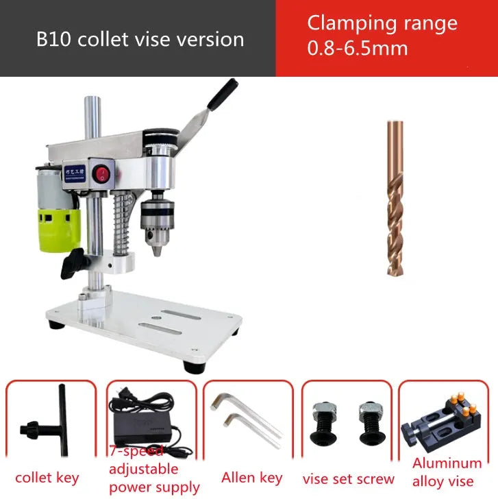 High precision small bench drill with aluminum alloy base, copper wire motor, seven gears adjustment, and stainless steel chuck on workbench.