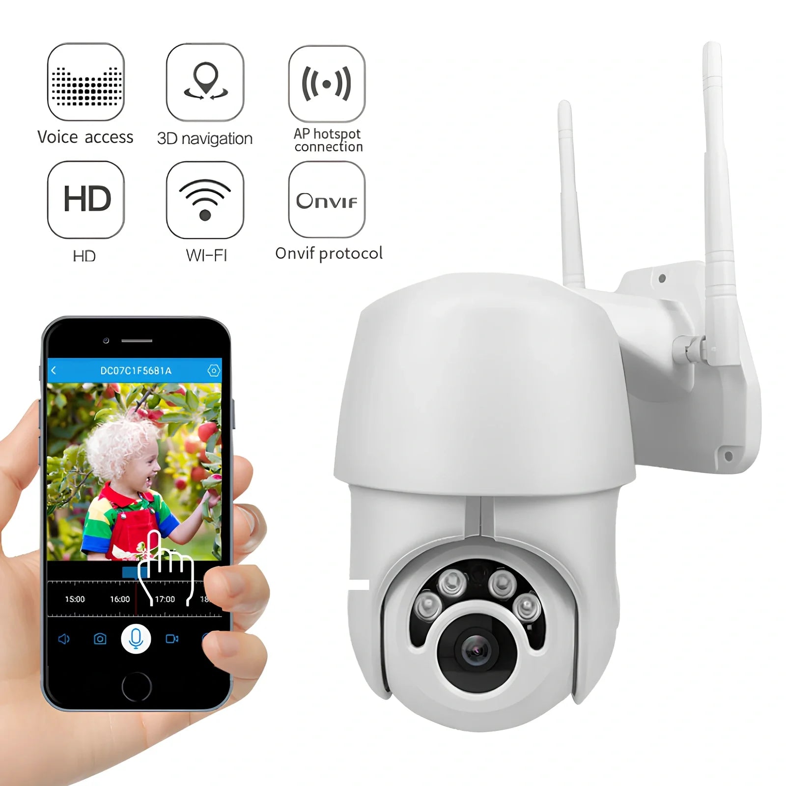 1080P wireless dome IP camera with 3.6mm lens, 355-degree pan, and 10-metre night vision for outdoor surveillance