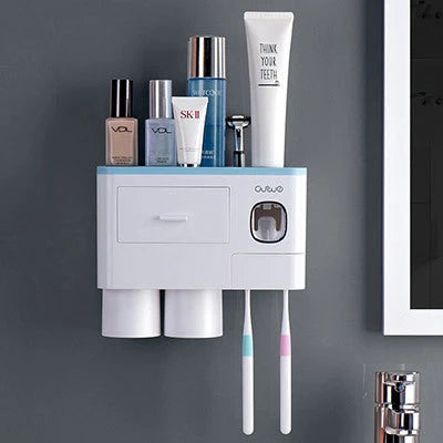 Non-marking hanging magnetic toothbrush holder with toothpaste squeezer in blue and grey