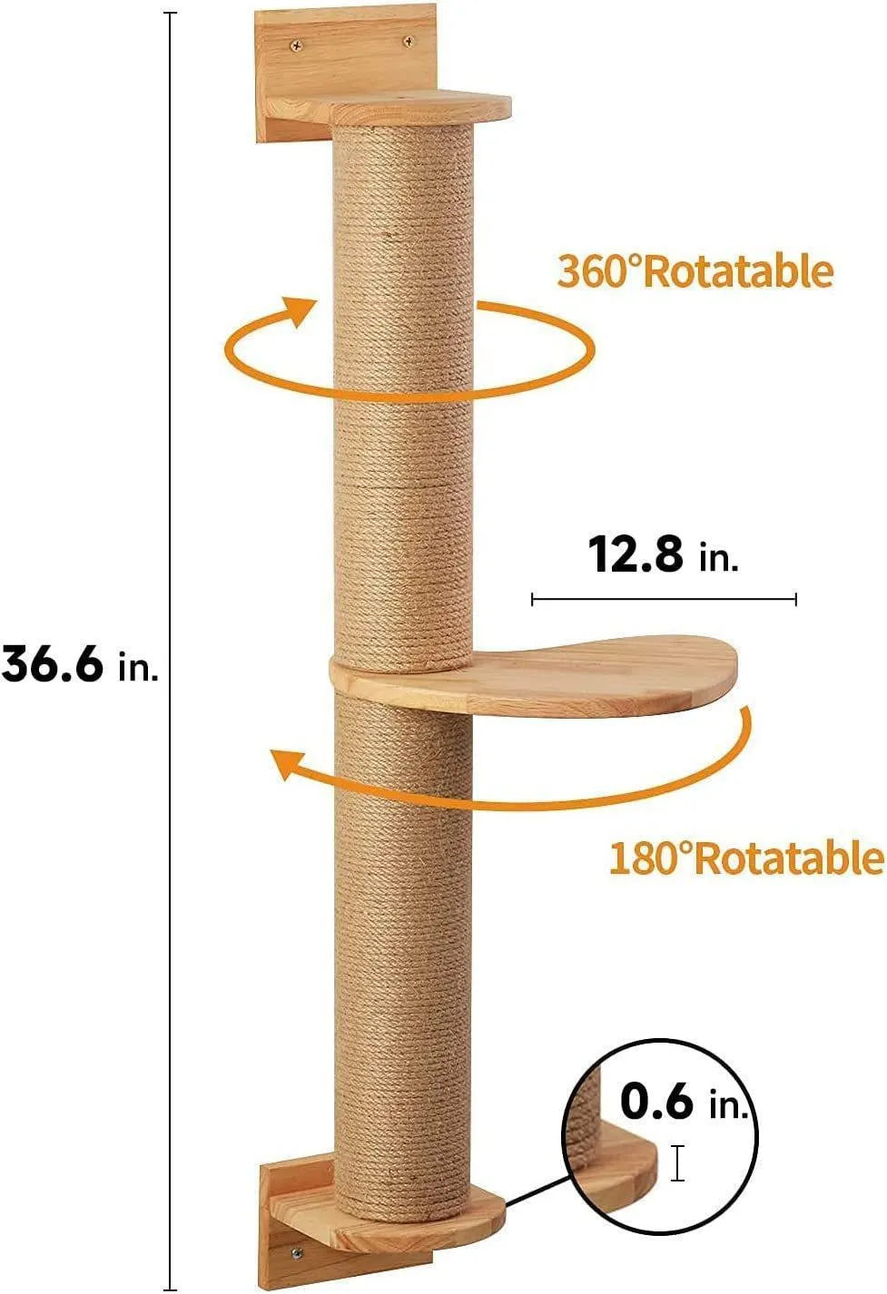 Wood-coloured cat climbing frame with wall platforms and flax cordage scratching surfaces