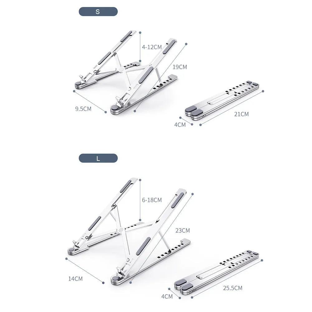 Foldable aluminium laptop stand in silver colour supporting a laptop, shown in open and closed positions.