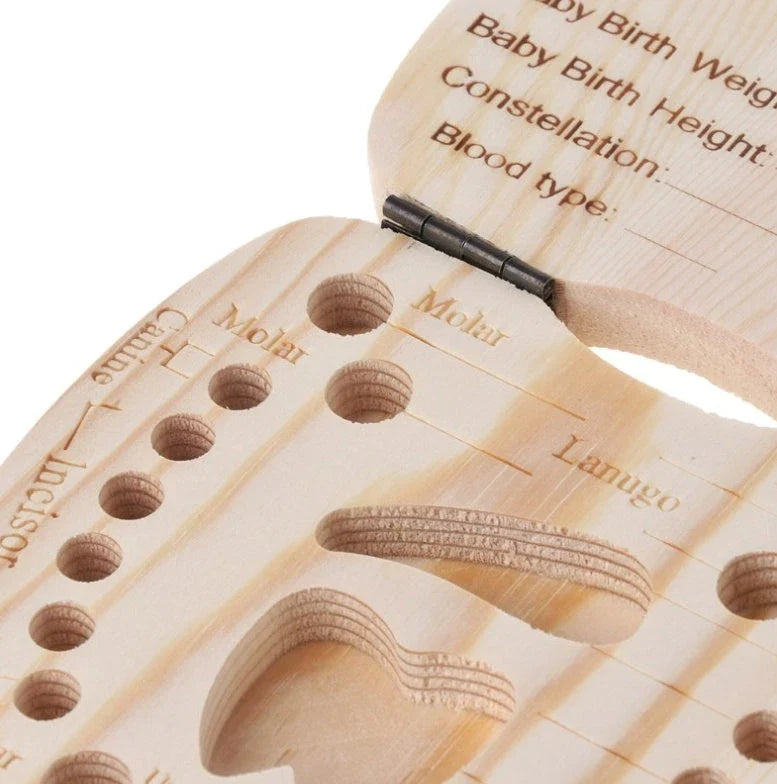 Handmade wooden baby tooth box organizer with carved record table for deciduous teeth storage