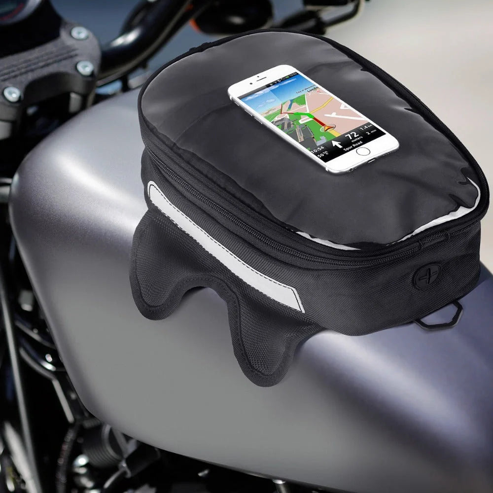 Black waterproof magnetic motorcycle fuel tank bag with reflective strips for safety