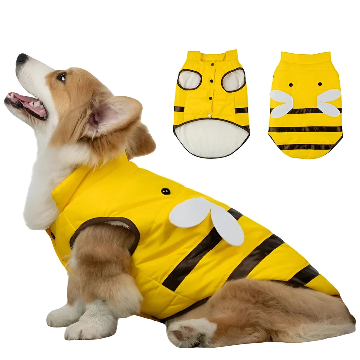 Warmly dog coat with bee print, yellow, velvet lined, turtleneck collar, winter jacket on a dog