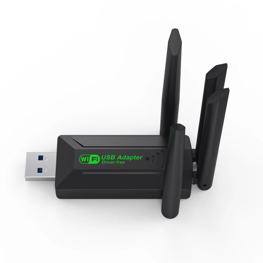 Black USB network transmitter with four extended antennas for computer wireless connectivity