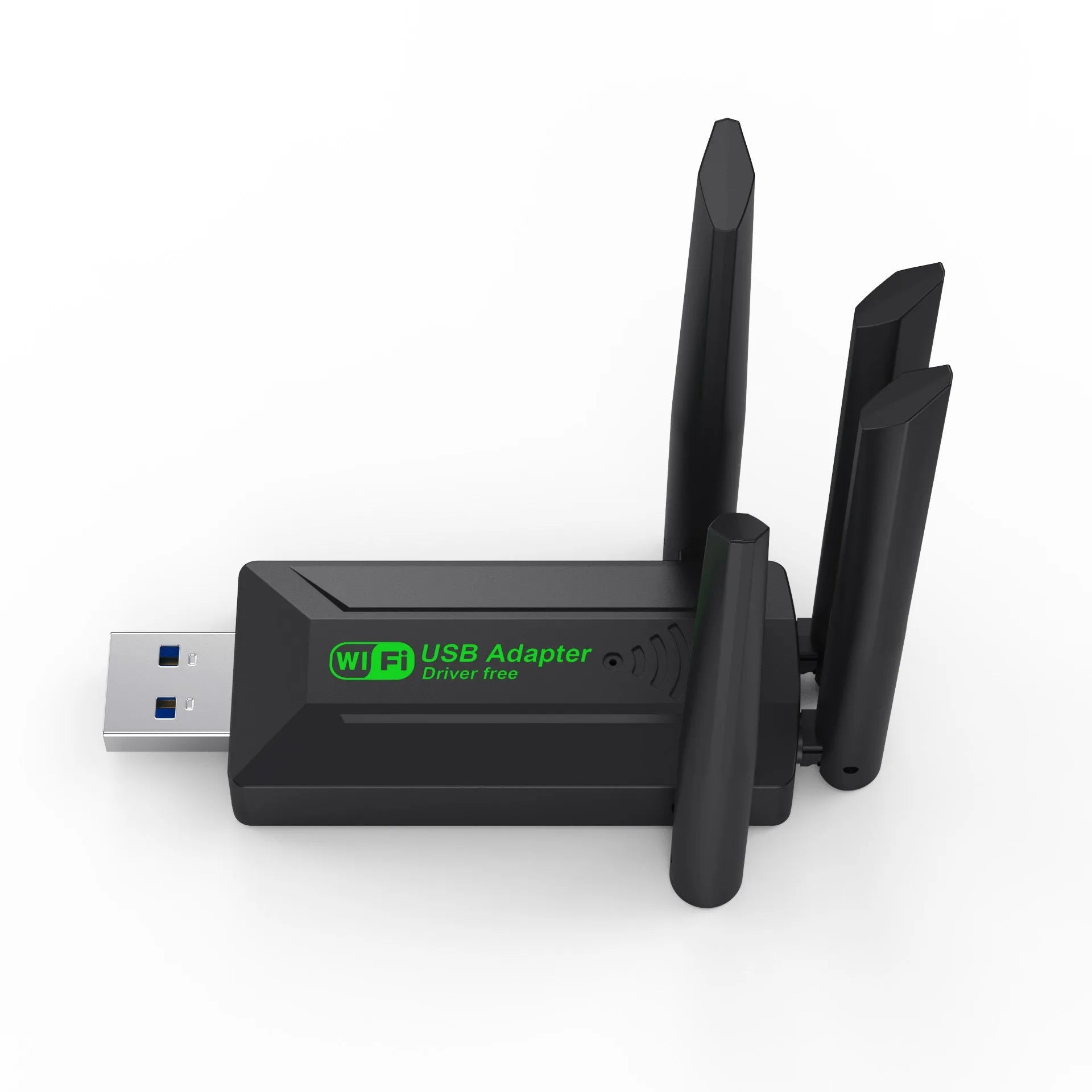 Black USB network transmitter with four extended antennas for computer wireless connectivity